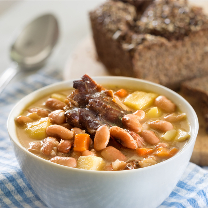 A bowl of bean, barley, and meat soup