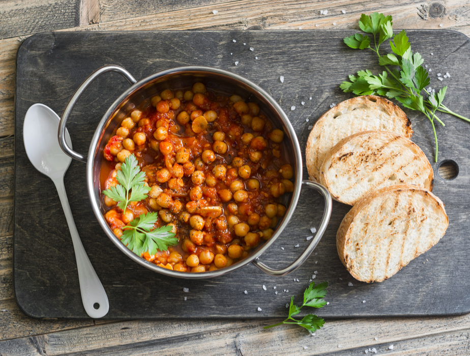 Pot of chickpeas in a zesty tomato sauce