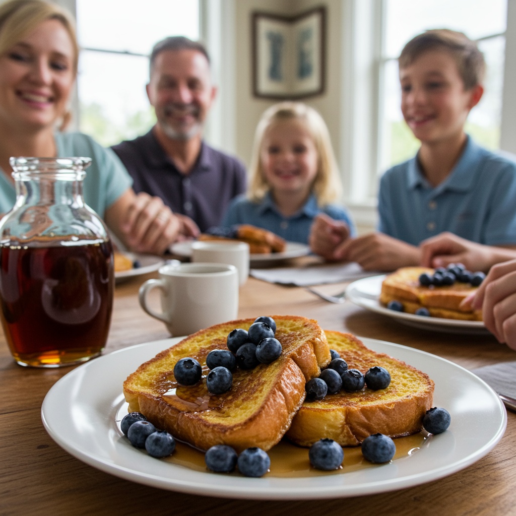 Challah french toast with blueberries and maple syrup on a wooden table with American family gathered around
