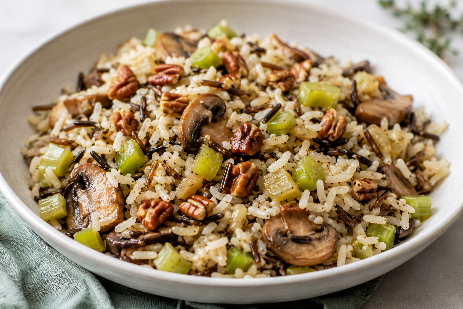 Basmati and wild rice with sauteed mushrooms, celery, and onions, and chopped pecans